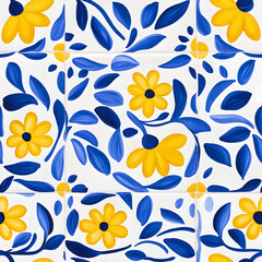Fototapeta premium Rustic blue and yellow tile watercolor seamless pattern. Pattern of azulejos tiles 