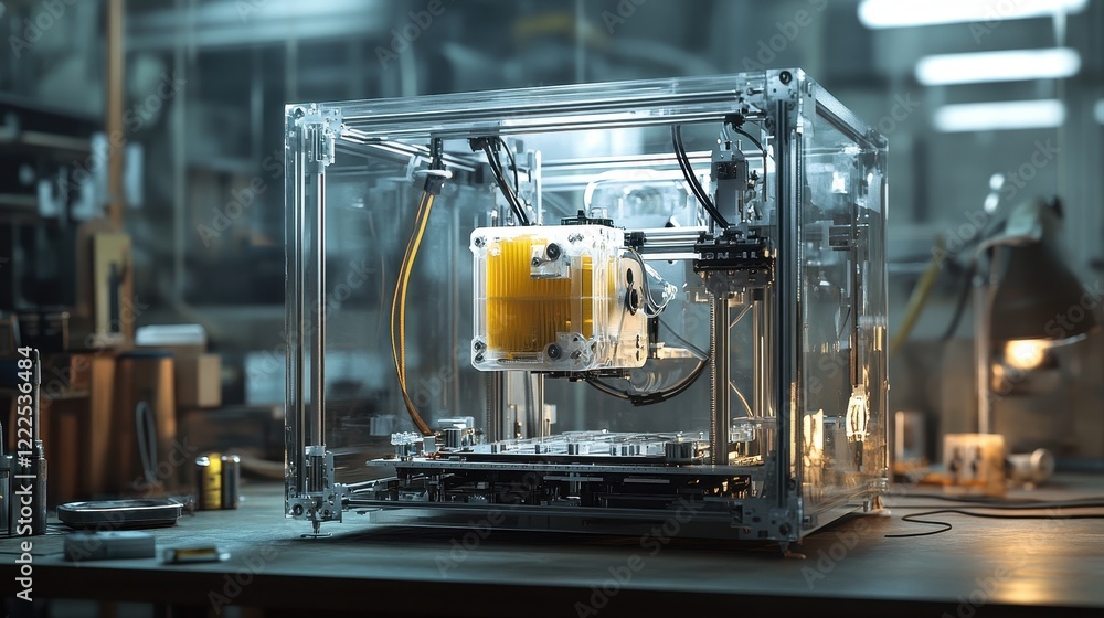 Poster close-up of a transparent 3d printer in a workshop setting.