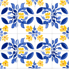 Fototapeta premium Rustic blue and yellow tile watercolor seamless pattern. Pattern of azulejos tiles 