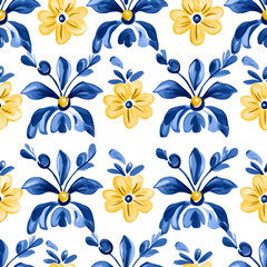 Obraz premium Rustic blue and yellow tile watercolor seamless pattern. Pattern of azulejos tiles 