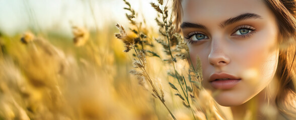 Close-Up Portrait of a Woman in Nature with Sunlit Grass Banner