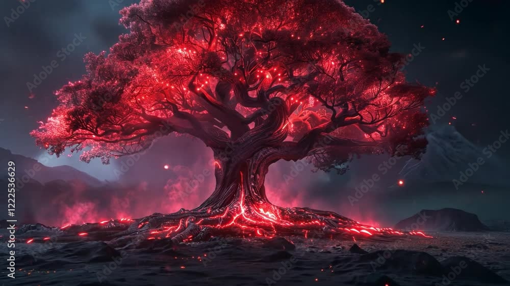 Leinwandbilder a stunning tree with radiant red leaves stands tall against a serene twilight background. its glowin