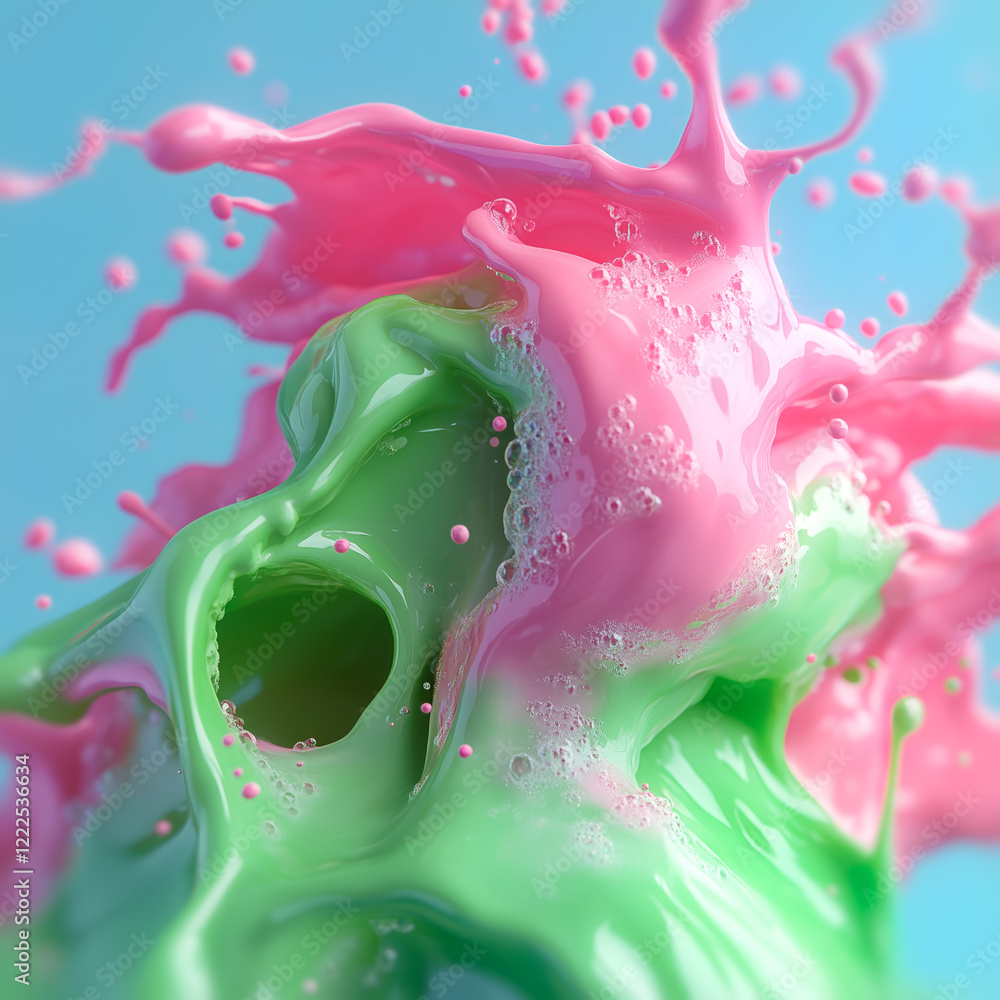 Poster Energetic splashes of pink and green liquids on a soft blue background. Smooth texture and realistic splashes give the composition volume and a sense of vibrancy