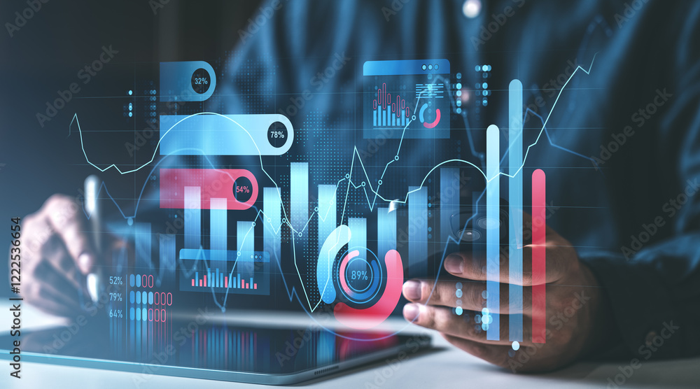 Poster financial data analysis with charts and graphs displayed on a digital interface.