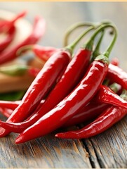 Fresh Red Chili Peppers Placed on a Rustic Wooden Surface