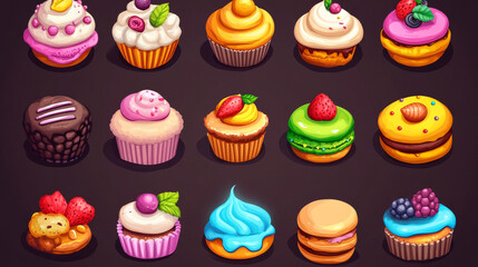 Game icons cakes, sweets and desserts. Cartoon 2d ui graphic elements, pastry, cupcakes, macaroons, ratafia and pancakes with topping, chocloate, berries, fruits and sprinkles isolated vector set
