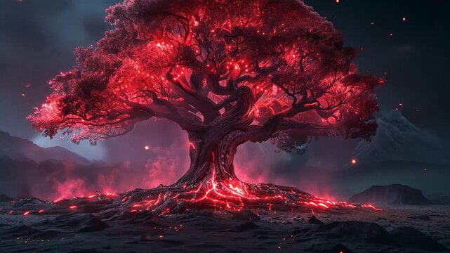 A stunning tree with radiant red leaves stands tall against a serene twilight background. Its glowing roots extend into the earth, creating a magical atmosphere in a surreal environment.