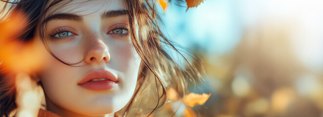 Close-Up Portrait of a Young Woman Amidst Autumn Leaves in Natural Lighting Banner