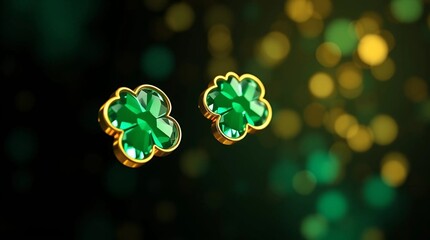 3D-rendered clovers made of reflective gold and glowing green accents, cascading gently in a luxurious abstract space with black gradients
