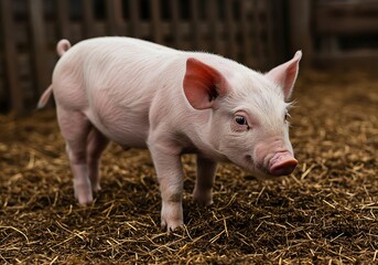 Adorable Pink Piglet in Straw Barn Setting