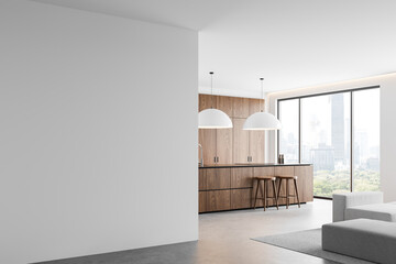 Blank white wall with modern kitchen and city view in the background. 3D Rendering
