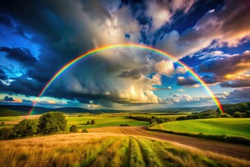 Naklejka premium A vibrant rainbow arches across a breathtaking landscape, painting the sky with vivid colors.