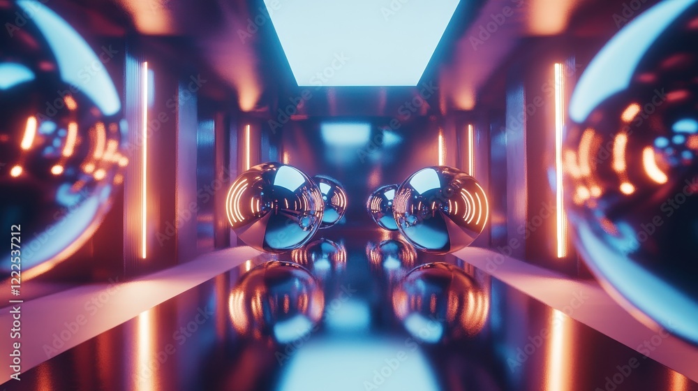Poster abstract 3d rendering of shiny metallic spheres reflecting neon lights in a futuristic corridor.