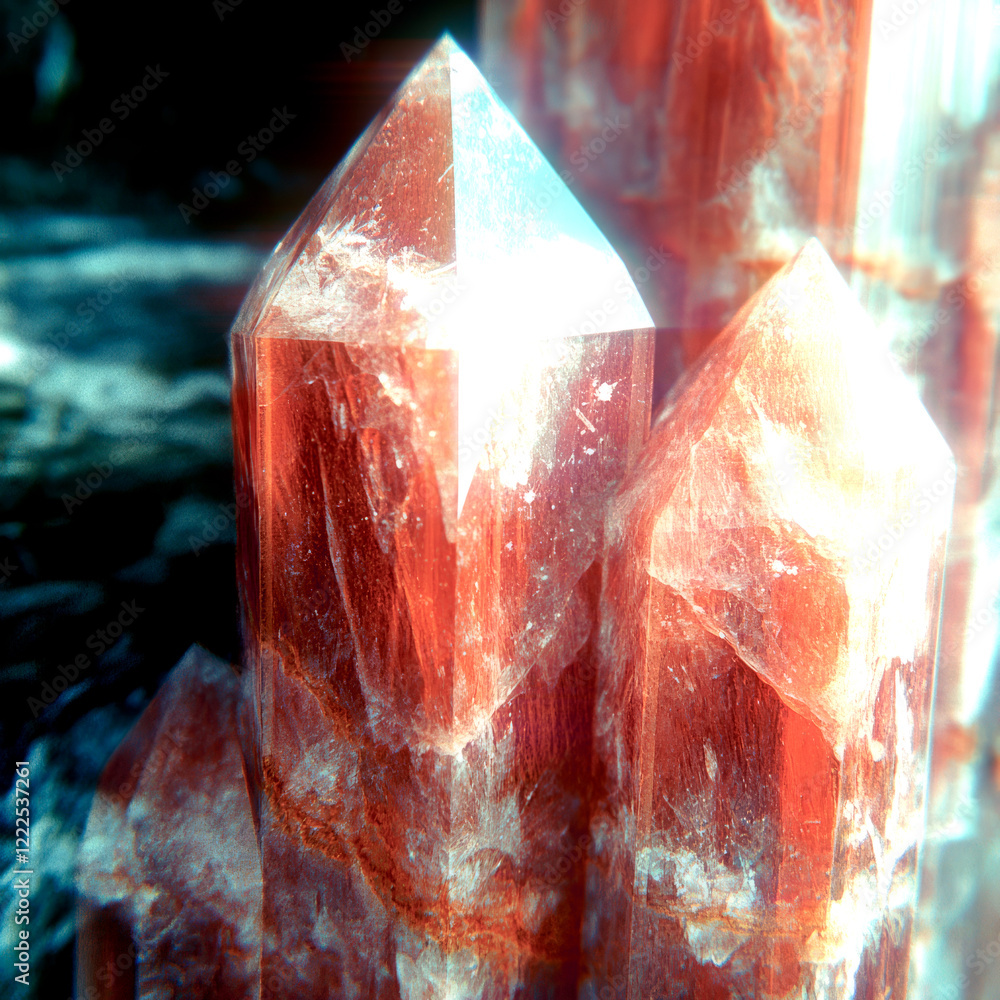 Poster crystals with a deep texture of translucent amber and shimmering copper hues. their clear facets are