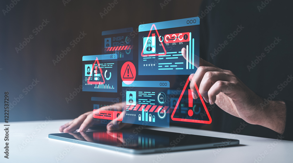 Poster cybersecurity alert concept with digital warnings on a transparent interface.