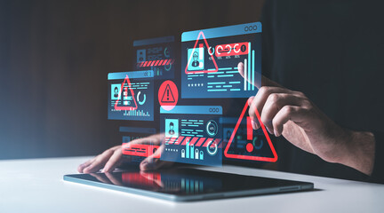 Cybersecurity alert concept with digital warnings on a transparent interface.