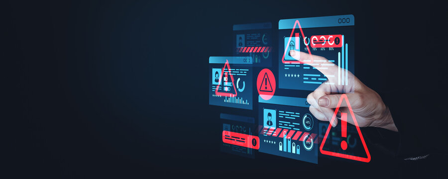 Digital security concept with warning notifications on virtual screens.