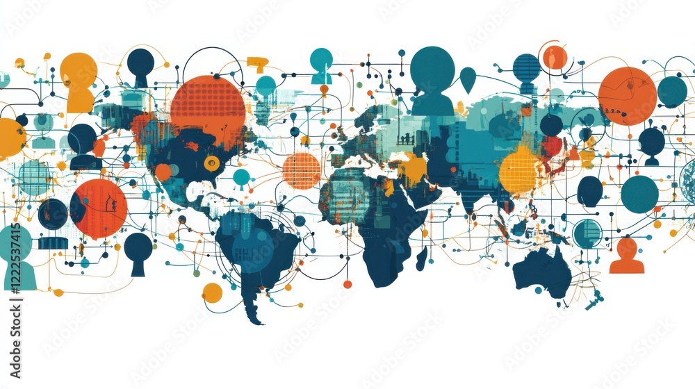 Poster colorful abstract world map illustrating global connectivity with diverse icons and patterns