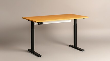 Furniture trendy and minimal innovative, A modern adjustable standing desk with a wooden surface and black metal legs, perfect for ergonomic workspace setups.