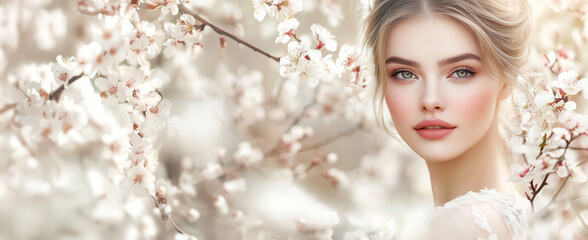 Elegant Woman Among Gentle Blossoms Reflecting Ethereal Beauty in Nature Banner