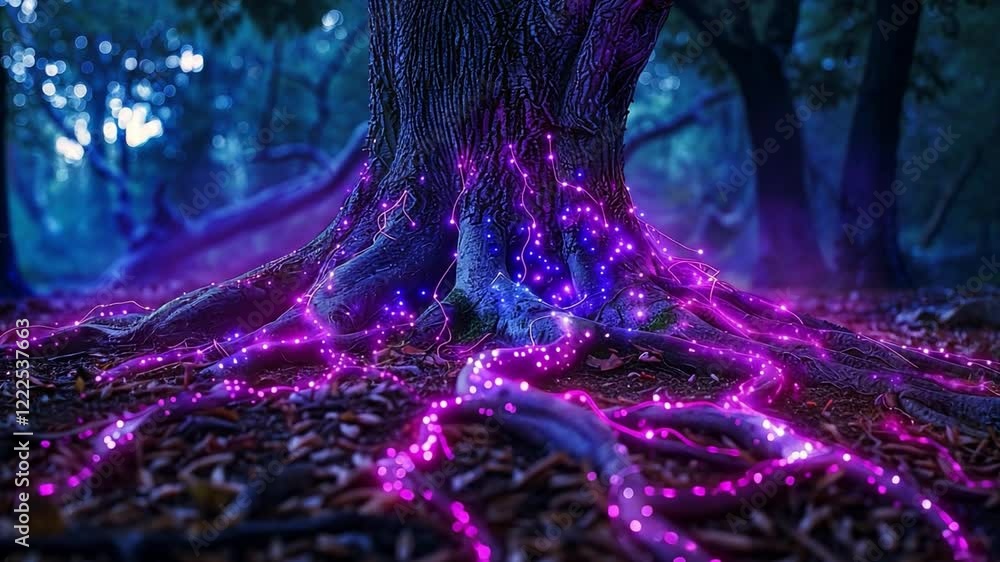 Aufkleber Glowing purple tendrils of light weave through the roots of a majestic tree, casting an enchanting aura in a tranquil forest at dusk. The quiet atmosphere is enhanced by the ethereal glow.