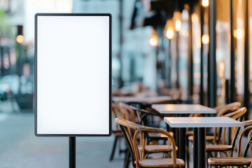 A blank sign stands outside a modern cafe, inviting customers to engage with creative promotions in a vibrant setting.
