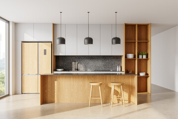 Modern kitchen interior with wooden cabinets, granite countertop, and pendant lighting. 3D Rendering