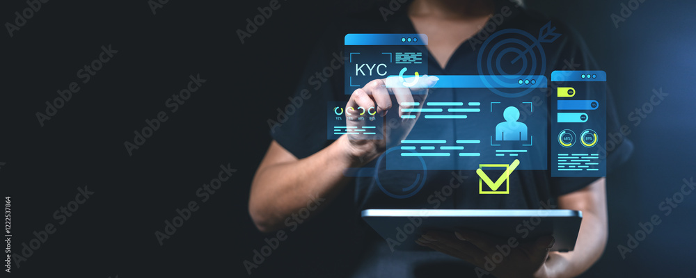 Poster digital kyc process interface with person interacting on tablet.