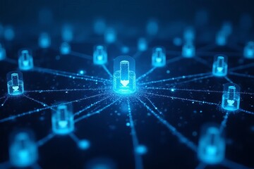 Obraz premium A digital representation of a network with glowing locks, symbolizing cybersecurity and data protection, interconnected through glowing lines.