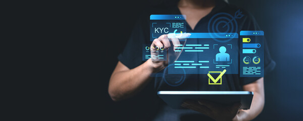 Obraz premium Digital KYC process interface with person interacting on tablet.