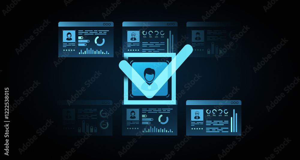 Poster digital verification concept with glowing profile icons and approval checkmark. 3d rendering