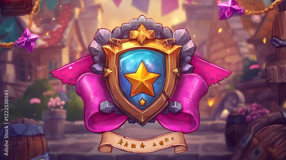 Poster victory and defeat ui game screen icon with ribbon. rpg wood vector emblem with star for won and los