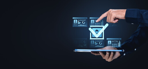 Digital identity verification concept with hand pointing at virtual profile checkmark interface on...