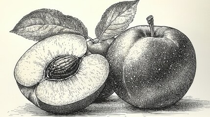 A Detailed Drawing of an Apple and a Peach Half