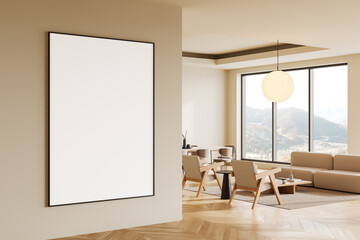 Minimalistic interior with blank framed canvas on beige wall. 3D Rendering