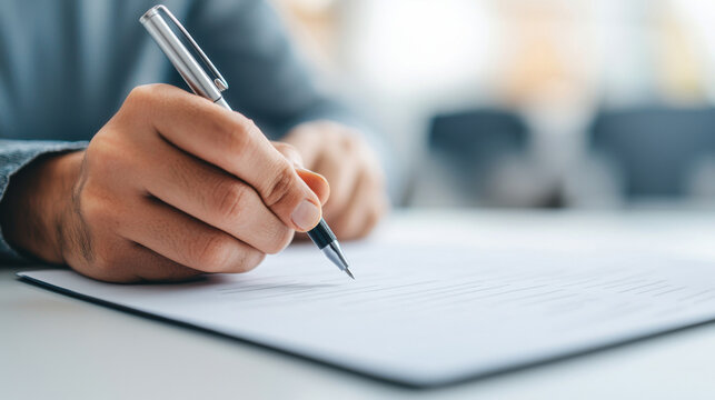 A close-up of a hand holding a pen, writing on a document for professional purposes.