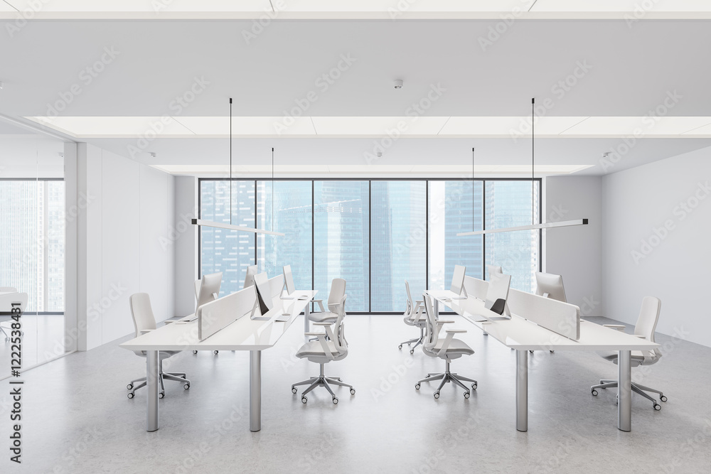 Poster modern open office space with minimalist design and large windows. 3d rendering