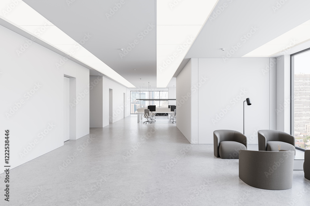 Poster modern office interior with open space and minimalist design. 3d rendering
