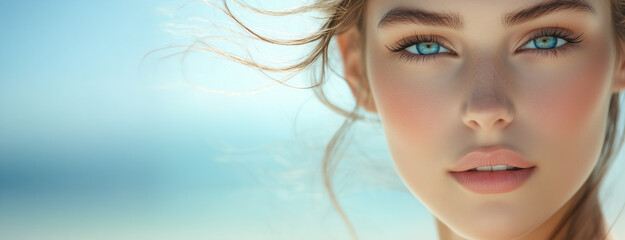 Close-Up Portrait of a Beautiful Woman With Clear Blue Eyes on the Beach Banner