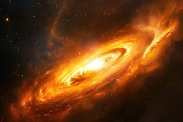 Fiery Galaxy Spiral Abstract Cosmic Nebula with Intense Glowing Center and Distant Stars.