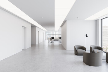 Modern office interior with open space and minimalist design. 3D Rendering
