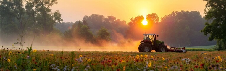 Fototapeta premium Tractor at sunrise in misty countryside with wildflowers.