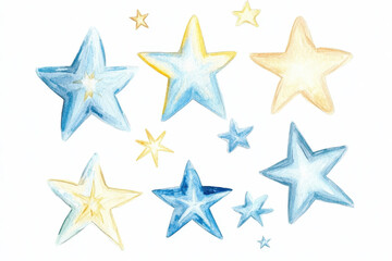A collection of watercolor stars in various shades of blue and gold, perfect for creative projects and decor.