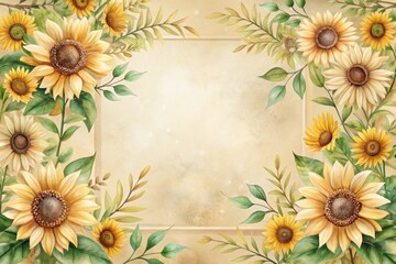 Fototapeta premium A Rustic, Vintage-Inspired Design Featuring a Bountiful Arrangement of Sunflowers and Delicate Greenery, Perfect for Invitations or Seasonal Decor