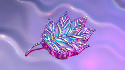 Reflective holographic 3D leaf in Y2K style. Shiny metallic fluid surface with neon rainbow gradient. Trendy element for retro-futuristic and cyber-themed designs.