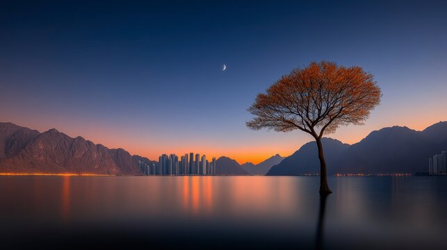 Serene twilight landscape featuring a solitary tree by the water with urban skyline reflections