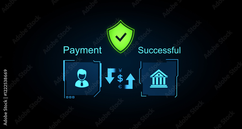 Poster digital payment system interface showing user, secure transfer, and bank success confirmation. 3d re