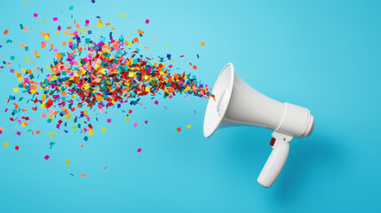 A colorful confetti explosion from a megaphone on a vibrant blue background.