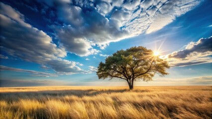 Obraz premium Serene Sunset Landscape A Lone Tree Stands Silently in a Golden Field, Bathed in the Warm Glow of the Evening Sun, Under a Sky Filled with Dramatic Clouds