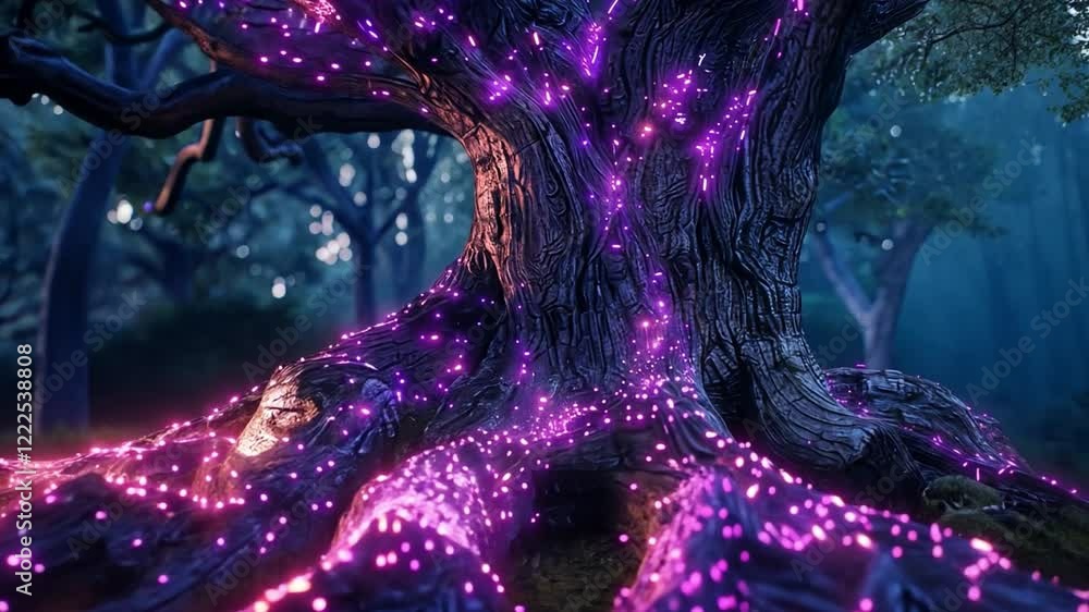 Aufkleber amidst a tranquil forest, an ancient tree stands tall with vibrant roots glowing in multiple colors.